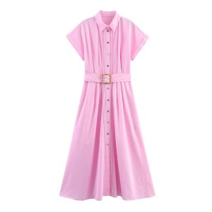 551362806 Women's Fashion Dress with Belt, Poplin Midi Dress