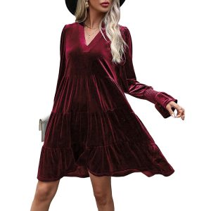 551362689 Long Sleeve Spliced Dress Evening Dress Velvet Dress